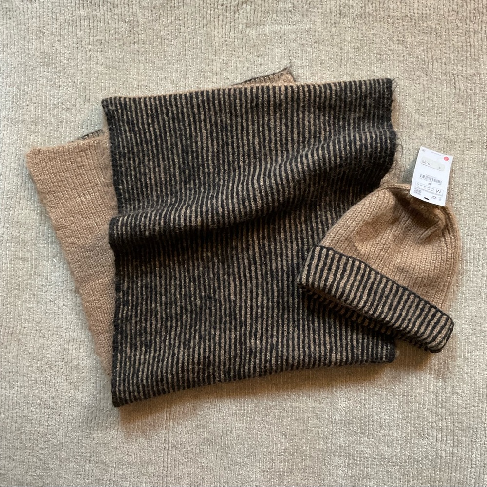 NWT ZARA Beanie Hat & Winter Scarf Set Black Tan Minimalist Chic Contemporary